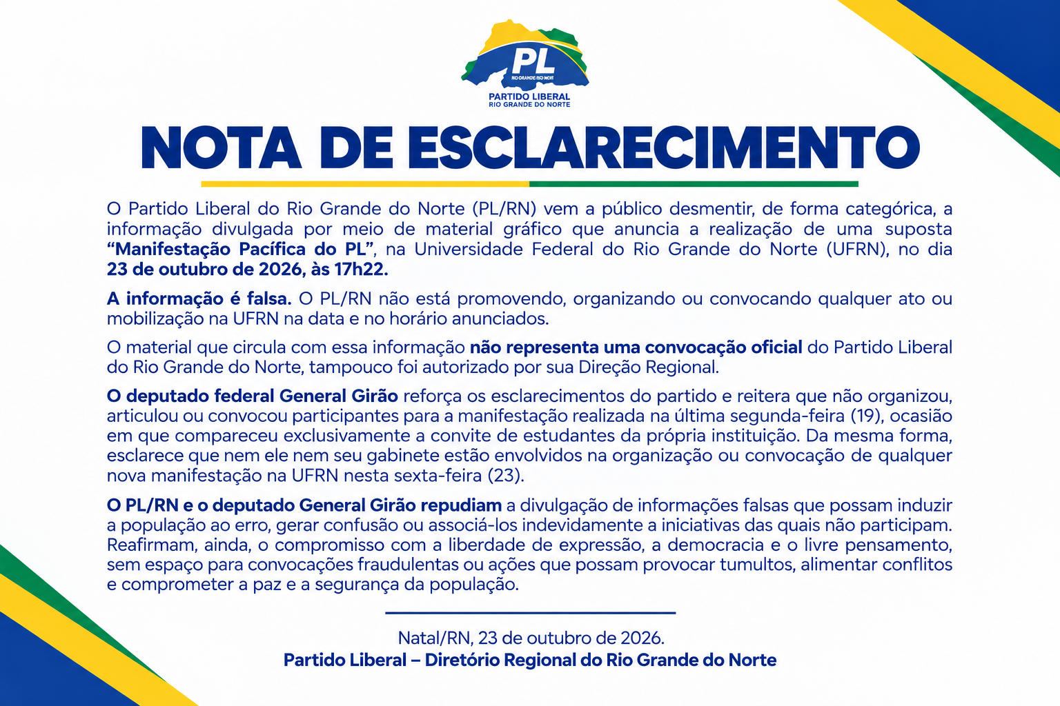 NOTA DE ESCLARECIMENTO – PL/RN